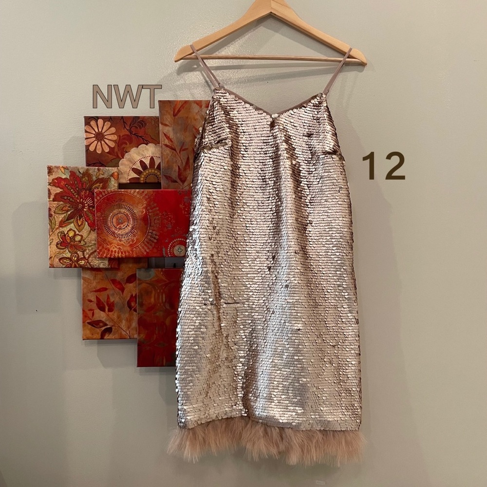 Ostrich feather gold sequin soft beige hem shift dress luxury danceNWT (12) CECE